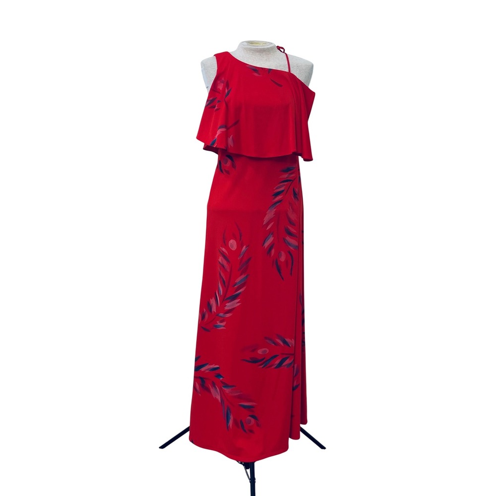 Ursula‎ of Switzerland Vintage Red Feather Print Cold Shoulder Maxi Dress 7/8
